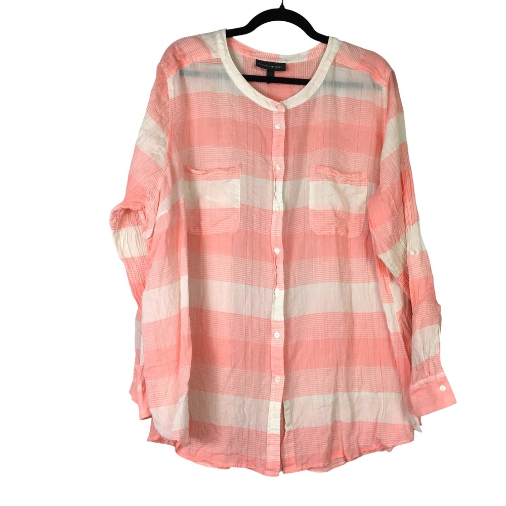 Lane Bryant Striped Cotton Gauze Roll Tab Button Down Shirt 26/28 Coral White